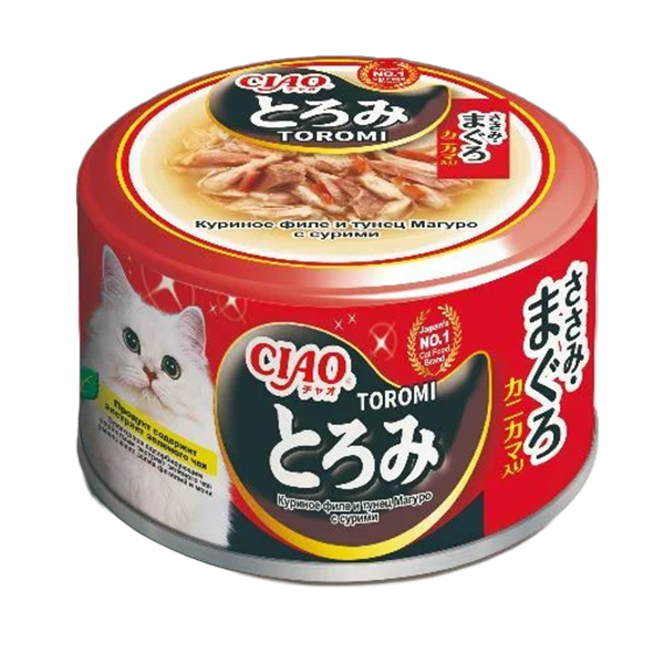 конс. Inaba Ciao Toromi 80г в бульоне Куриное филе и Тунец магуро с Сурими для Кошек