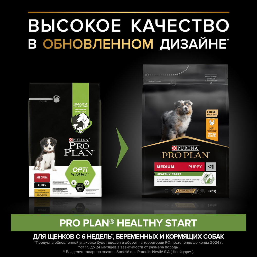 Сухой корм PRO PLAN для щенков средних пород, с курицей, 3 кг