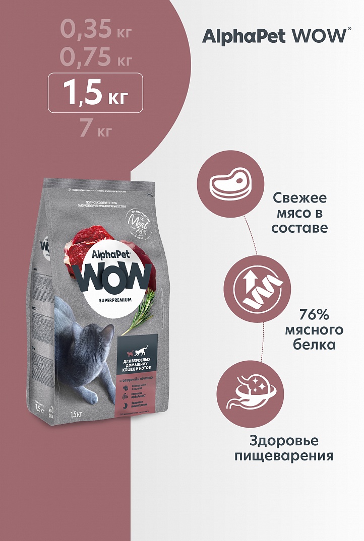 AlphaPet WOW 1,5кг для домашних Кошек с Говядиной и печенью