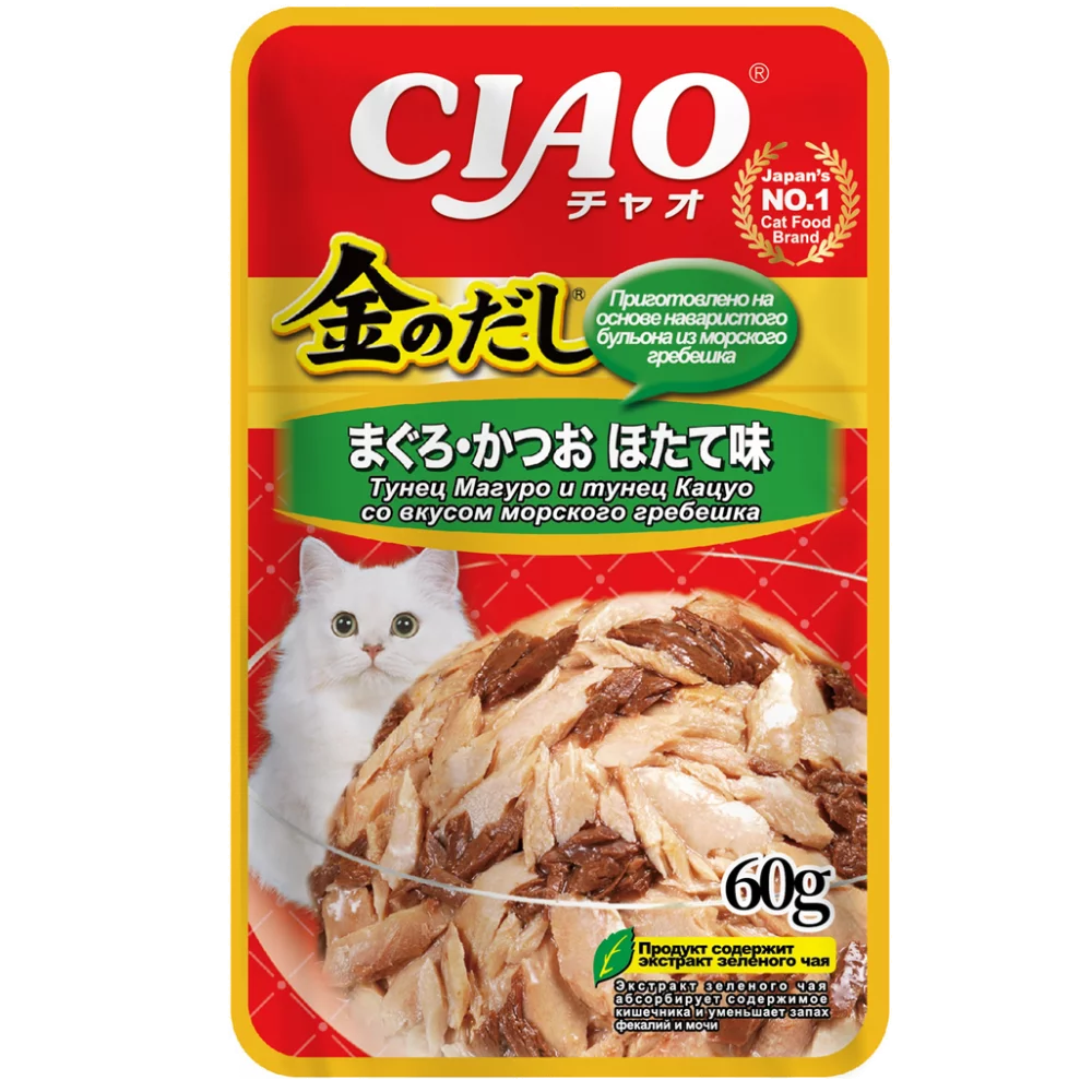 пауч Inaba Ciao Kinnodashi 60г в желе Тунец магуро и кацуо со вкусом Гребешка для Кошек