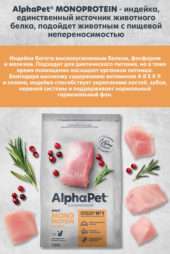 AlphaPet Monoprotein 400г для Кошек из Индейки