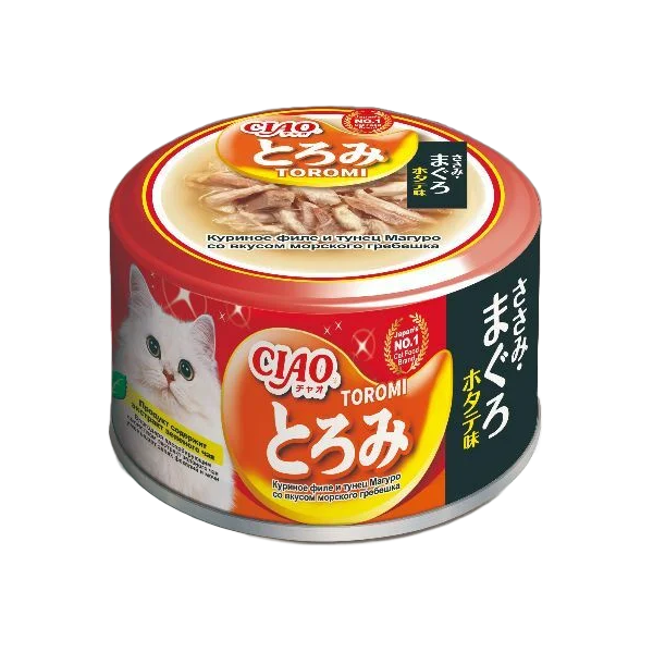 конс. Inaba Ciao Toromi 80г в бульоне Куриное филе и Тунец магуро со вкусом Гребешка для Кошек