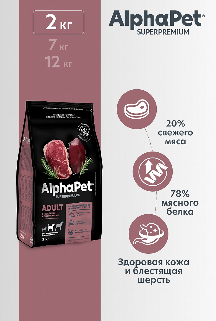 AlphaPet 2кг для Собак Средних пород с Говядиной и потрошками