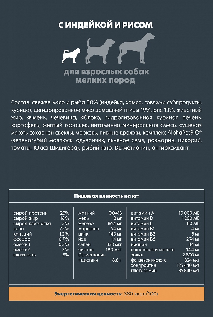 AlphaPet 500г для Собак Мелких пород с Индейкой и рисом