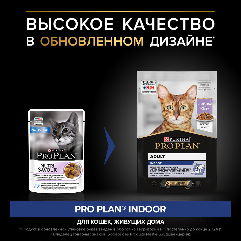 Влажный корм PRO PLAN Indoor Adult для кошек, живущих дома, с индейкой, в желе, 85 г