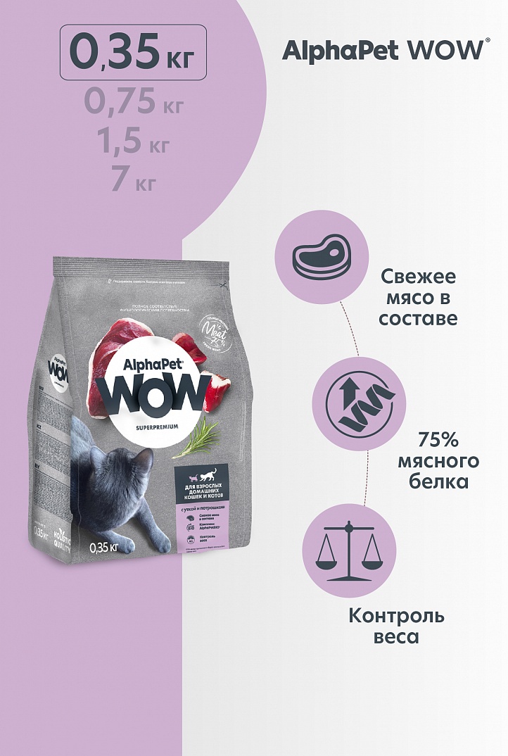 AlphaPet WOW 350г для домашних Кошек с Уткой и потрошками