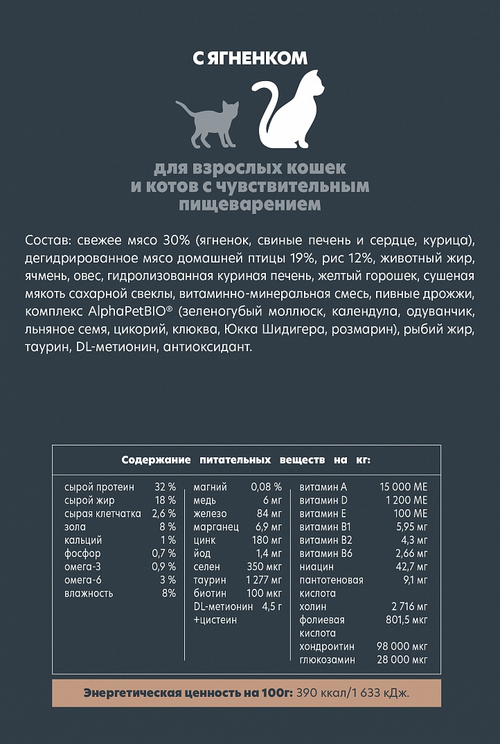 AlphaPet 1,5кг для Кошек с чувствительным пищеварением с Ягненком