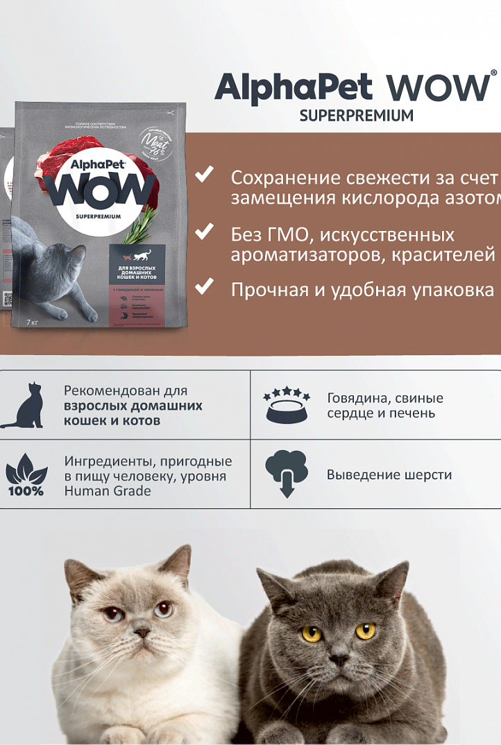 AlphaPet WOW 1,5кг для домашних Кошек с Говядиной и печенью