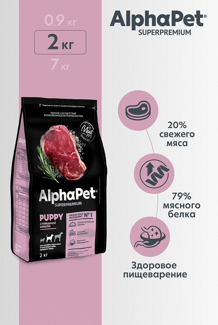 AlphaPet 2кг для Щенков Средних пород с Говядиной и рисом