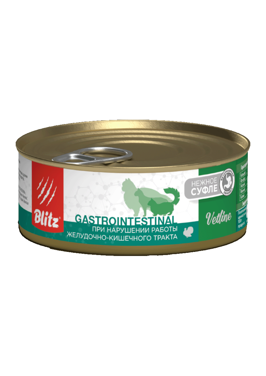 конс. Blitz Vetline Gastrointestinal Cat паштет с индейкой для Кошек при нарушении пищеварения 100г