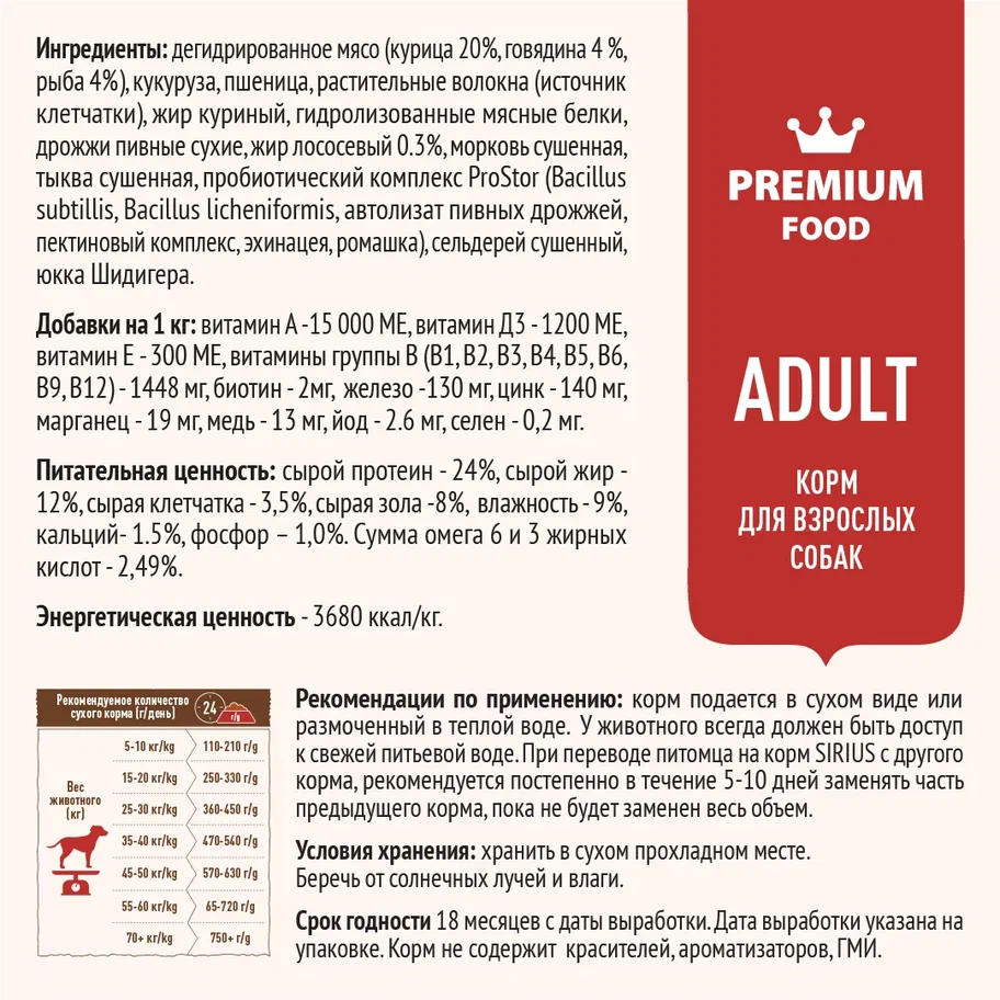 Sirius для Собак 15кг Мясной рацион