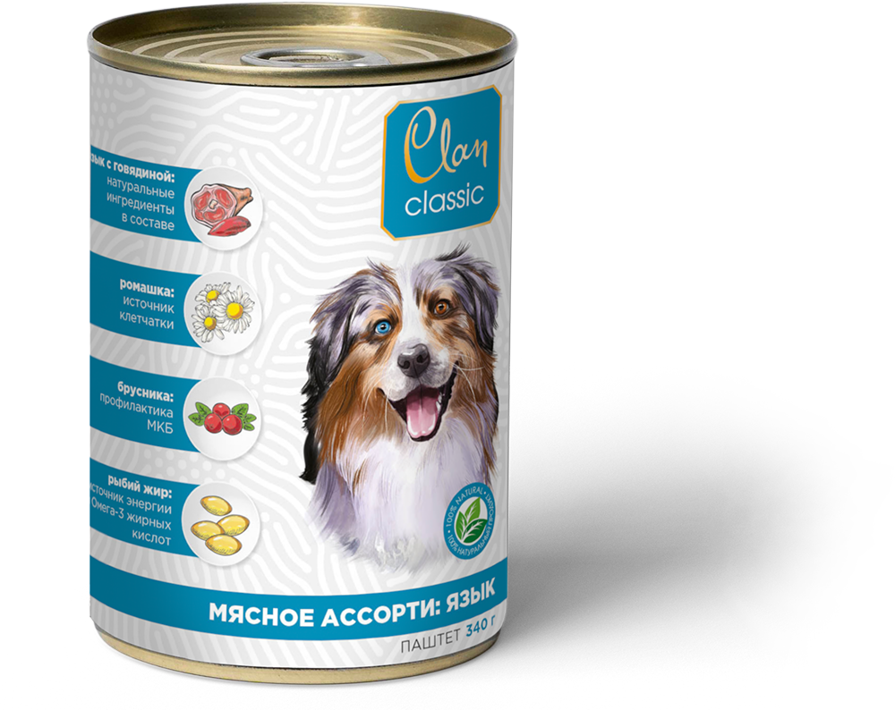 конс. Clan Classic 340г паштет Мясное ассорти с Языком для Собак
