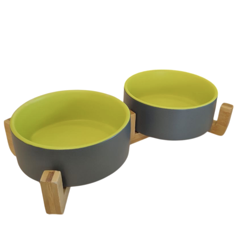 Миска керамическая TopPet двойная большая на деревянной подставке, серо-салатовая 2х750 мл