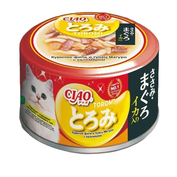 конс. Inaba Ciao Toromi 80г в бульоне Куриное филе и Тунец магуро с Кальмаром для Кошек