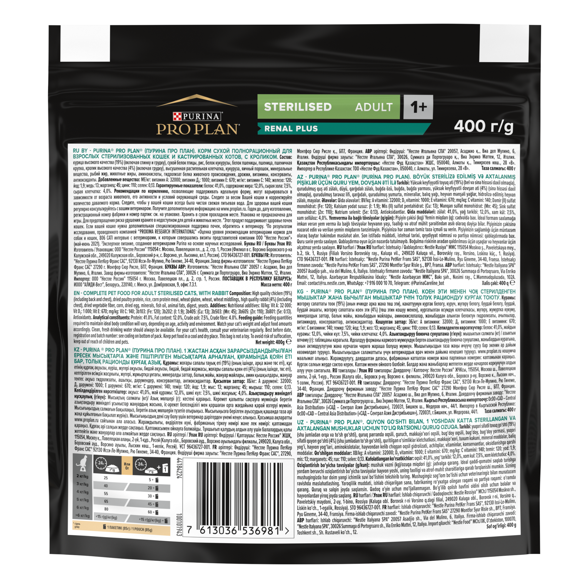 Сухой корм PRO PLAN® Sterilised Adult RENAL PLUS для взрослых стерилизованных кошек, с кроликом, 400 г